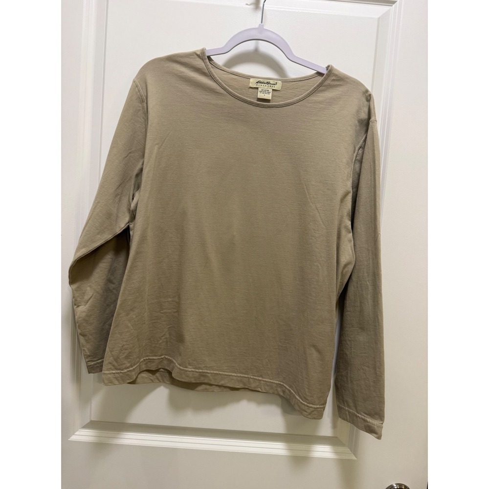 Eddie Bauer Mens Tan Khaki 100% Cotton Long Sleeve‎ Crew Neck T-Shirt Size L